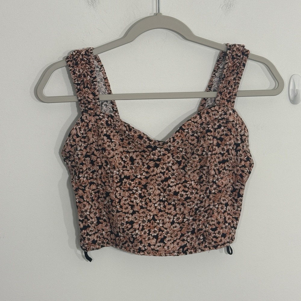Japna Womens Top M Brown Black Floral Bustier Crop Y2K Coquette Boho Smocked